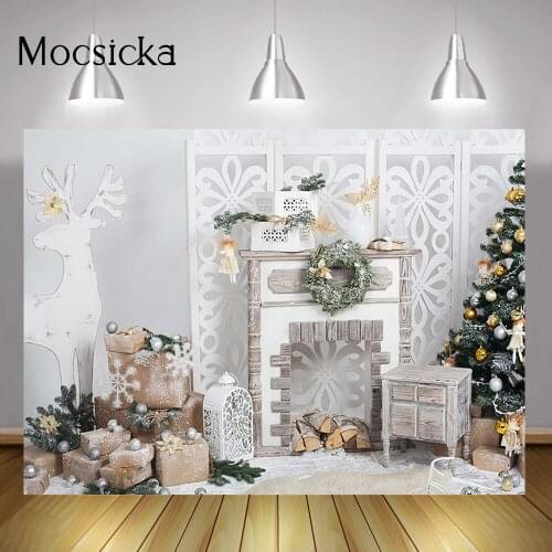 Christmas White Fireplace Backdrop Gifts Elk Winter Xmas Portrait Background for Family Green Wreath Christmas Tree Photocall
