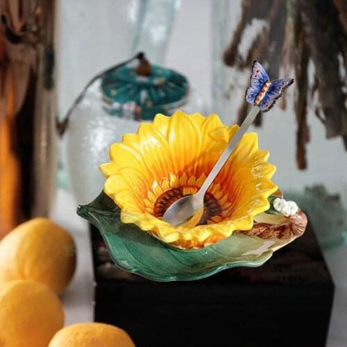 Hand Painted Sunflower Cup With Saucer Spoon Under Glazed Ceramic Coffee Tea Cup Set Special Birthday Wedding Housewarming Gifts