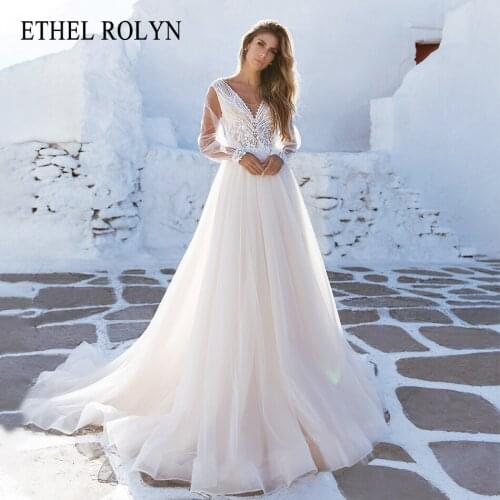 ETHEL ROLYN A-Line Wedding Dress 2021 Charming V-Neck Beading Lace Appliques Bride Puff Sleeve Vintage Beach Bridal Gown