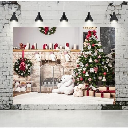 VinylBDS Christmas Backdrop White Bear Gift Box Backdrop White Carpet Family Backdrops Brick Fireplace Children Photo for Studio