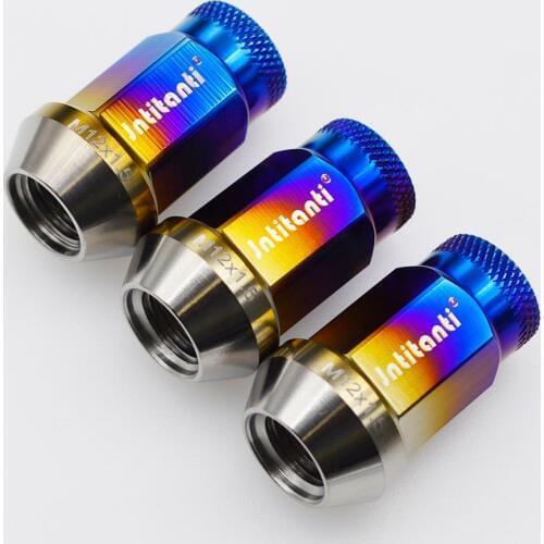 High performance strong burnt blue color 60 degree cone seat open end Gr.5 titanium alloy lug nut M12*1.5*38mm with knurl