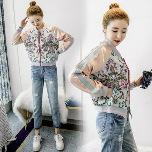 Womens Clothing Spring and Autumn Fashion Embroidery Baseball Uniform Elegant Lady Slim Stand Collar Jacket Short Cardigan Tops