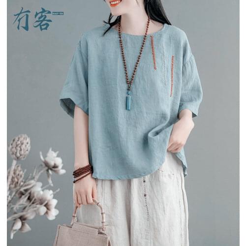 Womens Blouses and Shirts Cotton Linen Vintage Loose Short Sleeve Pullover Top Female O-neck Embroidered Plus Size Summer Top