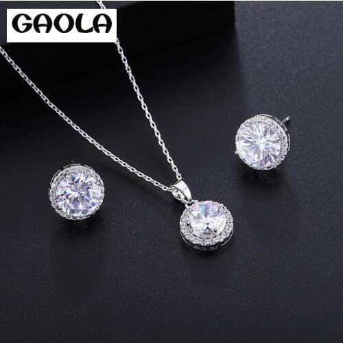 GAOLA Women Jewelry Round Cubic Zirconia Necklace Stud Earring Silver Color Jewelry Set For Wedding Bridal