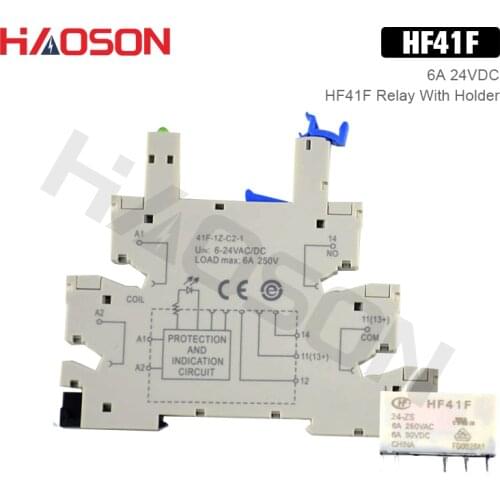10pcs HF41F 24-ZS ntegrated PCB Mount Power Relay With Relay Holder 24V DC 6A 5Pin Contact Relay Module Set 41F-1Z-C2-1