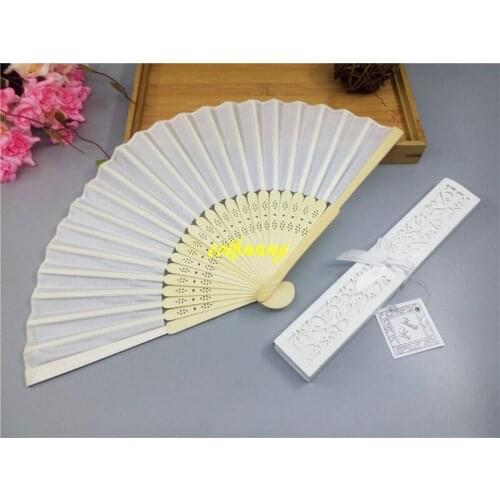 200pcs/lot Satin Silk folding Hand Held Folding Bamboo Fans With retail box For Wedding Favor Can Customize logo