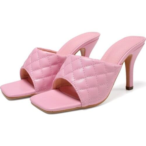 2021 Sexy Summer Comfortable Soft Pu Leather Women Mules Slippers Outdoor Fashion Square Head Thin High Heels Party Female Shoes