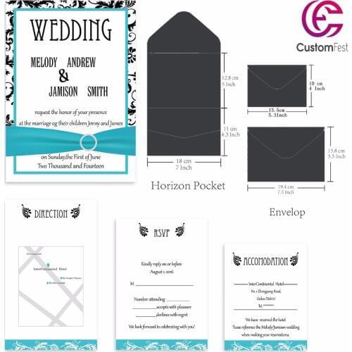 30pcs/lot personalized pocket card set ribbon feel pocket envelop+matching envelop+card+RSVP free shipping PKEE011V103