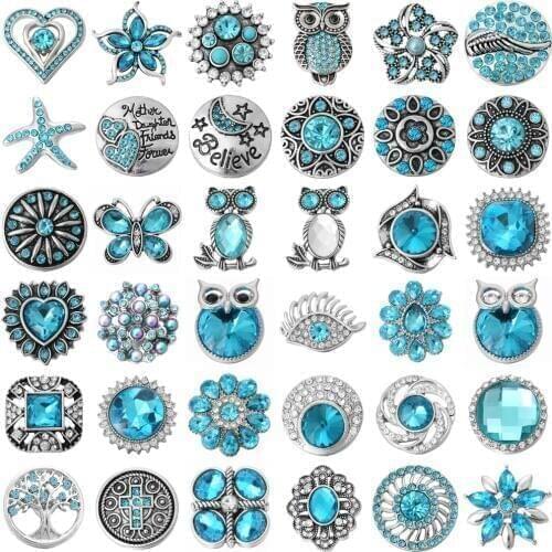 5pcs/lot Snap Button Jewelry Sky Blue Rhinestone Owl Cross Butterfly Flower Snap Buttons Fit 18mm Snaps Jewelry Bracelets