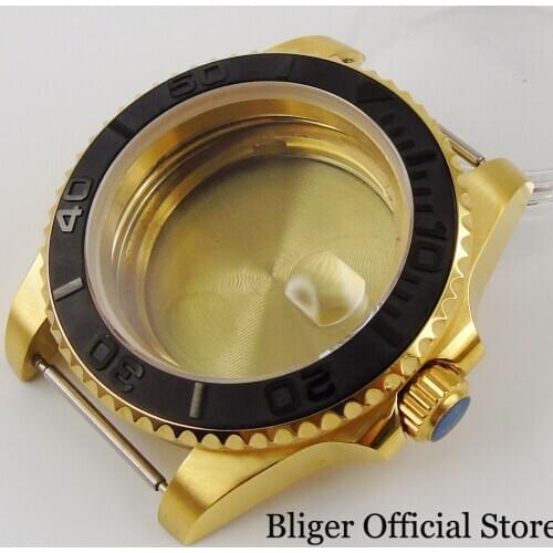 Gold Coated 40mm Automatic Men Watch Case with Sapphire Glass Brushed Bezel Insert Fit DG MINGZHU 2813 MIYOTA 8215 Movement