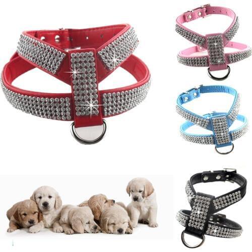 4 Sizes PU Leather Rhinestones Dog Harness Safety Comfortable Dress Up Pet Harness Collar For Small Medium Large Dog