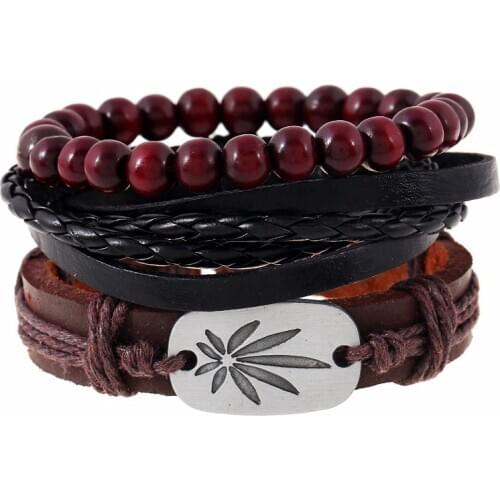 Punk DIY 3 Pcs/set Lucky Leaf Charm Red Beads Black Brown Leather Men Bracelets For Women Homme Femme Jewelry Accessories