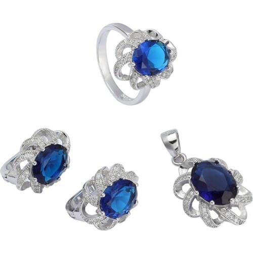 Eulonvan vintage 925 sterling silver luxury women wedding jewelry sets (ring/earring/pendant) Dark Blue Cubic Zirconia S-3701set