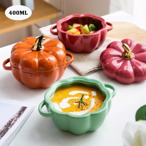400ml Ceramic Baking Bowl Pumpkin Shape Jar With Lid Salad Soup Tureen Kitchen Bakeware Wedding Candy Organizer Halloween Decor
