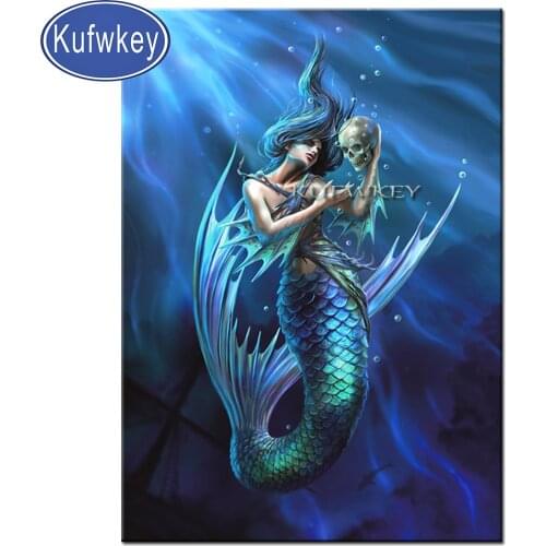 Round Diamond Art,5D DIY Diamond Painting Fantasy Mermaid And Skull Full Square Round Drill Diamond Embroidery Decor Home