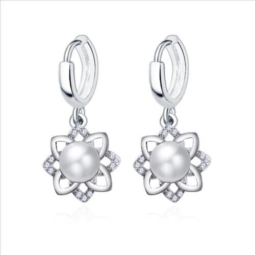 Fashion Lady 925 Sterling Silver Earrings For Women Jewelry Cute Zircon Flower Drop Earrings Girls Pearl Accessories Female Gift