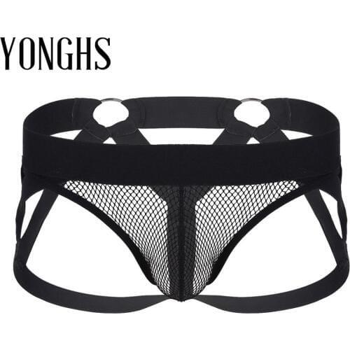 Mens Lingerie Sex Panties See Through Fishnet Gay Underwear Bulge Pouch Open Back Hollow Out Strappy Jockstrap G-string Briefs