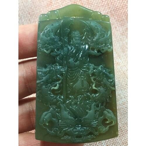 Natural A hetian jade hand carved mascot guan gong black green jade pendant unique design jadeite jade necklace men jewelry
