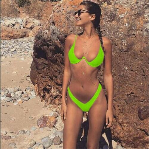 2021 New high cut thong bathing suit high waist swimsuit Solid swimwear women Brazilian Biquini swim beach micro bikini set