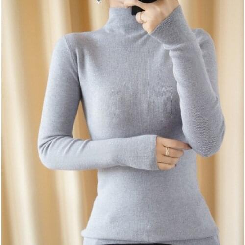 New Brand Spring and Autumn Women Slim Sweater Half-high Collar Long Sleeve Knitted Pullover Cashmere Wool Warm Elastic Soft