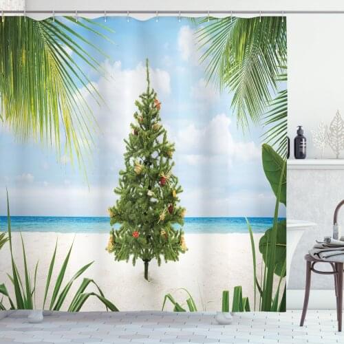 Christmas Shower Curtain Set Tropical Noel Pine on the Beach Curtain for Bathroom Decor 12 Hooks Decorative Bath Accessory