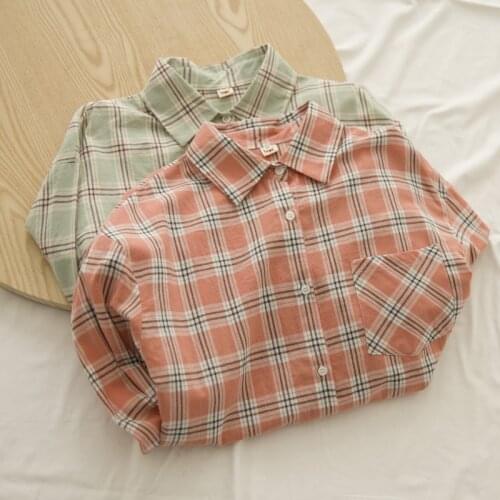 Lamtrip Sweet Macaron Color Plaid Long Sleeve Cotton Turn Down Collar Shirt Retro Casual Blouse