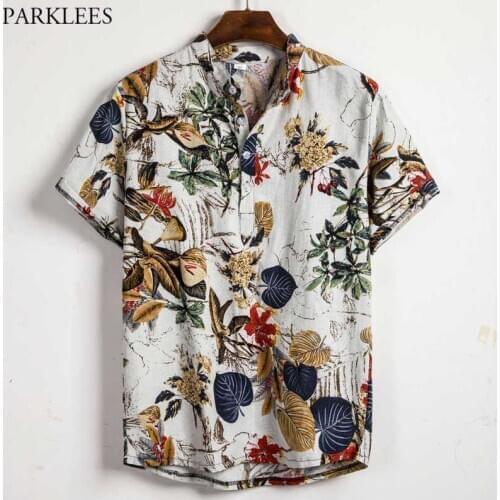 Mens Floral Print Short Sleeve Shirt Brand Henley Neck Hawaiian Shirt Men Casual Breathable Thin Tropical Aloha Shirt Beach Wear