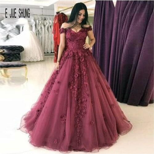 E JUE SHUNG Burgundy Princess Wedding Dresses Off Shoulder Bride Dress 3D Floral Flowers Lace Up Robe de mariee