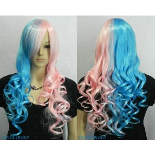 Syshun Fastshipping USPS to USA New Unique Pink + Aqua blue Mix Long Wavy Cosplay women Wig s2392