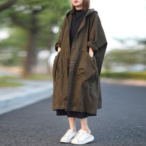 Korean Style Loose Oversized Long Womens Trench Coat Single-Breasted Lady Windbreaker Spring Fall Outerwear Army Green Pockets
