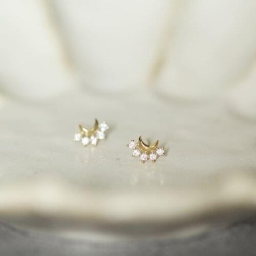 9K Real Solid Gold Unique Stud Dainty Mini Moon Crystal Earring Jewelry Simple Minimal Victorian Vintage