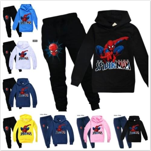 Spring Kids Baby Boy Girl Hoodies Pants Suit Cartoon Spiderman Print Childrens Clothing Set Sweatshirts Casual Pullover Outfits