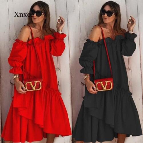 Vintage Off Shoulder Solid Cross Ruffle Chic Midi Dress Loose Women Fashion Sexy Fashion Elegant Street Beach Casual Dresses