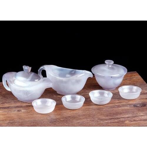 High quality gray Chalcedony Agate Tea Sets Set natural jade marrow hand-carved tea set crafts gift Set free shipping