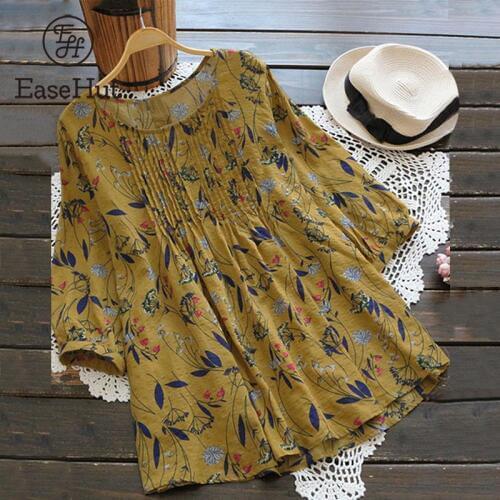 EaseHut 5XL Plus Size Cotton Women Blouse Vintage Floral Print Mori Girl Spring Summer Loose Casual Female Tops and Shirts