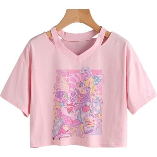 Summer Gothic Punk Womens T-shirt Aesthetic Short sleeve shirt V-Neck Grunge Streetwear Vintage Pink Cute Tee Harajuku Tops