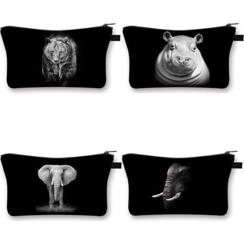 Black White Animals Women Makeup Bag Hippopotamus Elephants Pattern Travel Organizer Toiletry Cosmetic Bags