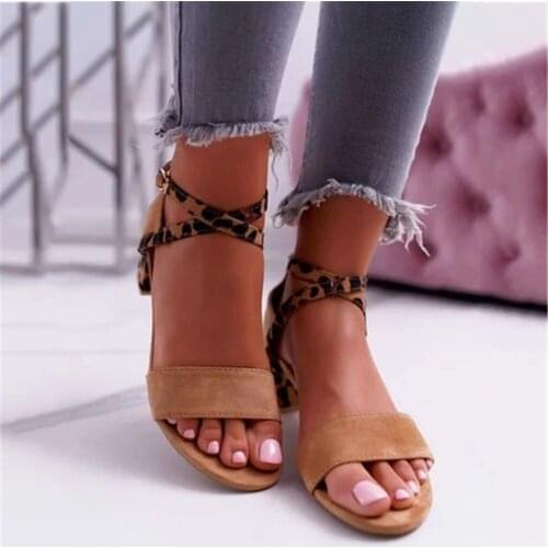 Hot Sexy Leopard Block Heels Sandals For Woman 2021 Luxury Womens Low Heel Sandals Fashion Summer Ankle Strap Beach Sandalias