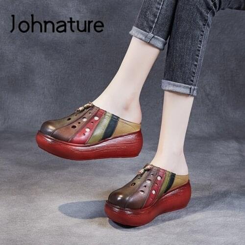 Johnature 2021 Summer New Women Slippers Outside Shoes Genuine Leather Mixed Colors Retro Slides Wedges Handmade Ladies Slippers