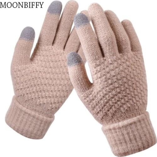 Womens Winter Touch Screen Gloves Thicken Warm Knitted Stretch Gloves Imitation Wool Full Finger Outdoor Skiing Gloves