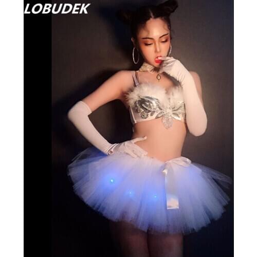 New Bar Nightclub Women Electronic Light Dance Costume Mesh Luminous LED Tutu Skirt Bra Outfit Sexy Singer Dancer Stage Clothes