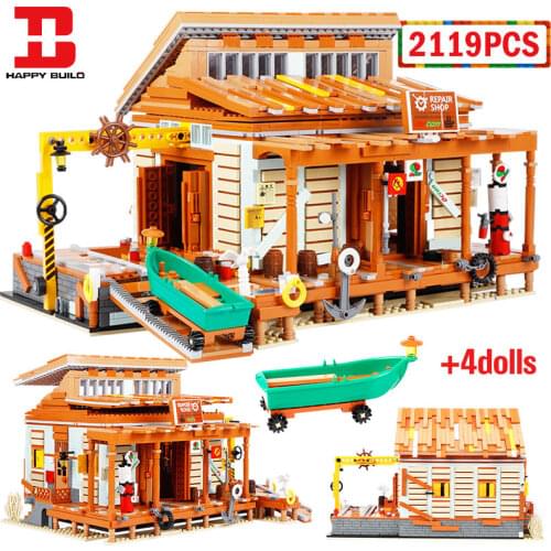 2119pcs City Street View Fisherman Ship Repair Yard Architecture Building Blocks Shipyard House Figures Bricks Toy for Children