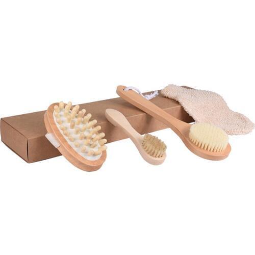 4Pcs/Set Qualified Shower Brush Boar Bristles Soft Bath Brush Exfoliating Body Massager with Long Wooden Handle