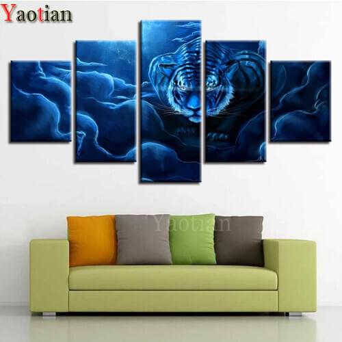 5D DIY Diamond Painting 5 Panel Animal Tiger Diamond Mosaic Cross stitch Full Square/round Rhinestone Home Decor Picture Pastes