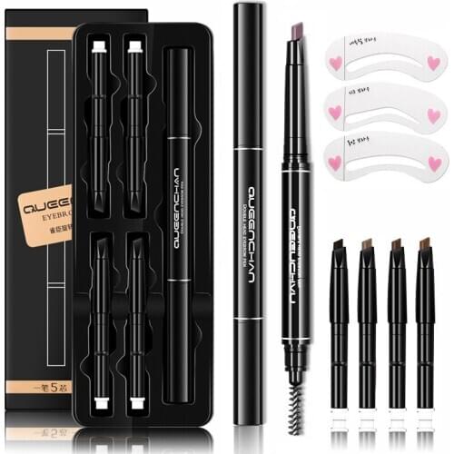 8pcs Professional Automatic Eyebrow Pencil Eye Brow Pen with 4pcs Replacement with 3pcs Eyebrow Stencils Cosmetic Makeup Tools
