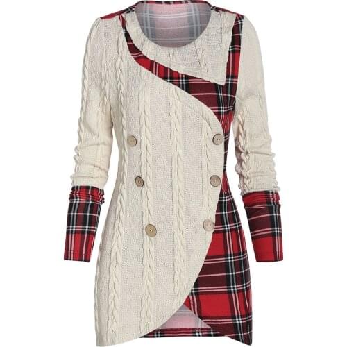 Joineles Tartan Panel Mock Button Asymmetric Women Sweater Autumn Winter Long Sleeves Plaid Patchwork Pullovers Jumper Femme