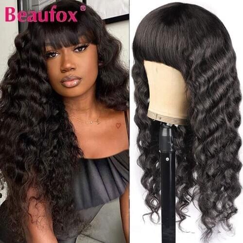 Beaufox Loose Deep Wave Wig Malaysian Human Hair Wigs For Women Glueless Full Machine Wig With Bangs Remy Human Hair Wig 8-28 In