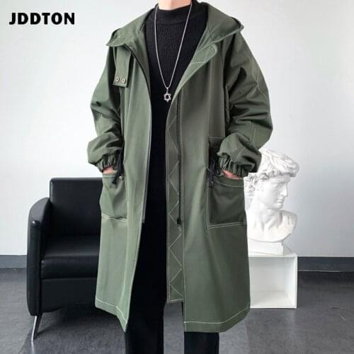 JDDTON Men Trench Windbreaker Long Sleeve Hooded Overcoat Retro Chinese Style Embroidery Loose Vintage Casual Male Outwear JE681
