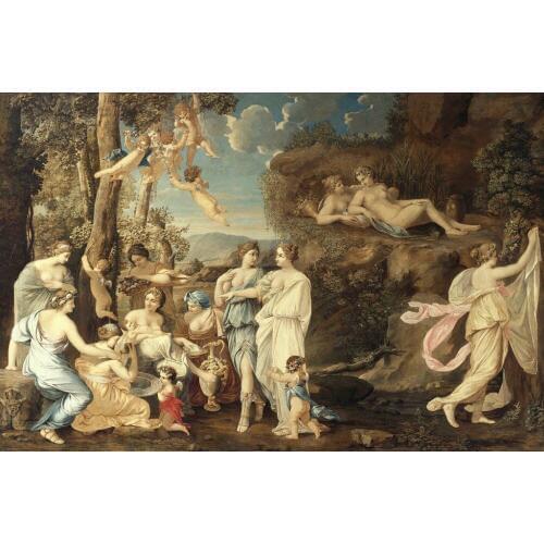 Original Quality Figure Art Oil Painting Classic The Birth of Bacchus and Angels Naked Women in Landscape Home Decor Painting