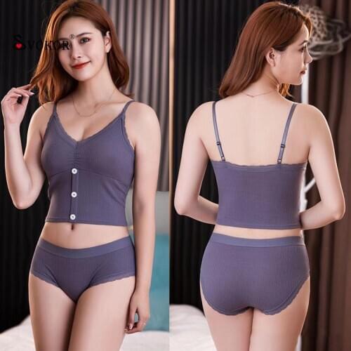 SVOKOR New Thread Buttons Bra Sets Wireless Women Lace Top Adjusted Padded Soft Crop Top Comfortable Briefs Lingerie